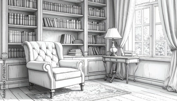 Fototapeta Classic Reading Room Sketch with Armchair and Bookshelves