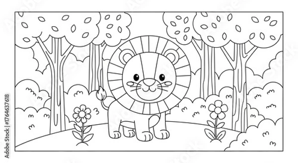 Fototapeta Cute Lion Line Art in Forest for Kids Coloring Page