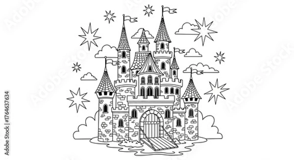 Fototapeta Fairy Tale Castle Line Art with Stars on White Background