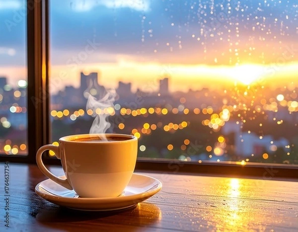 Fototapeta Coffee cup by window at sunset