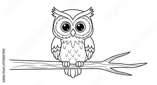 Fototapeta Cute Owl Line Art Sitting on Tree Branch