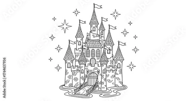 Fototapeta Fairy Tale Castle Line Art with Stars on White Background