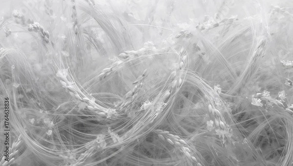 Fototapeta Extremely slender cereal spikes with individual seeds intertwined randomly in the air, presented entirely in shades of gray.