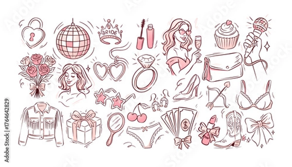 Obraz A vintage bachelorette party doodle pack with ribbon bows, cocktails and hand-drawn icons. This bachelorette party doodle illustration fits wedding decor, coquette branding and poster design.