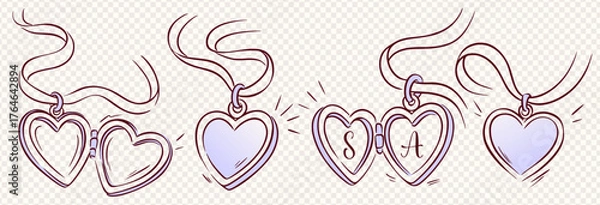 Obraz Locket heart bow love coquette line ribbon vector bundle with charm necklace doodles. Coquette locket set for romantic design, valentine invitation, bachelorette clipart pack.