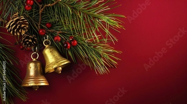 Obraz Elegant High-Resolution Christmas Bell Pine Branch Christmas Background – Ideal for Christmas Greeting Cards, Home Decor Prints, Store Window Displays & Social Media Covers. Features Shiny Metallic 