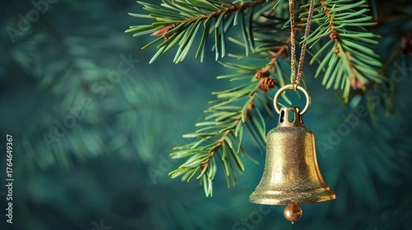 Fototapeta Elegant High-Resolution Christmas Bell Pine Branch Christmas Background – Ideal for Christmas Greeting Cards, Home Decor Prints, Store Window Displays & Social Media Covers. Features Shiny Metallic 