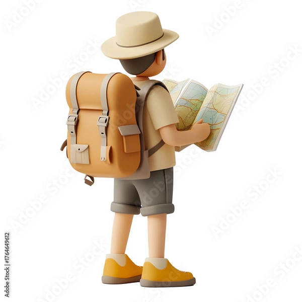 Fototapeta 3D Render character of man with backpack looking on map, adventure