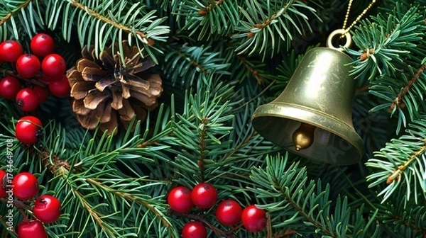 Obraz Elegant High-Resolution Christmas Bell Pine Branch Christmas Background – Ideal for Christmas Greeting Cards, Home Decor Prints, Store Window Displays & Social Media Covers. Features Shiny Metallic 