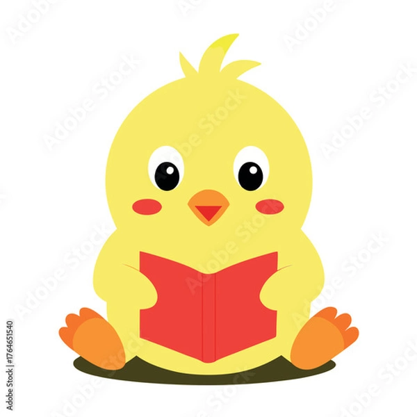 Fototapeta Cute Baby Chick Reading Book, Flat Vector Education Mascot, Isolated on White Background