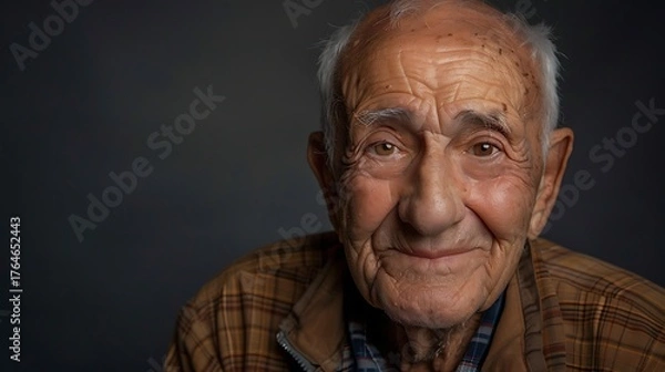 Obraz Elderly man portrait smiling with wrinkles, authentic senior face close up in natural light