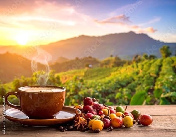 Obraz A brown coffee cup sits on a wooden table with coffee beans and berries; mountains are in the background