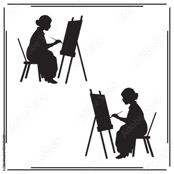 Fototapeta Artist Silhouette - Black and White Illustration of Woman Painting on Easel, Creative Painting Process, Minimalist Art and Artist Icons for Artwork and Studio Design
