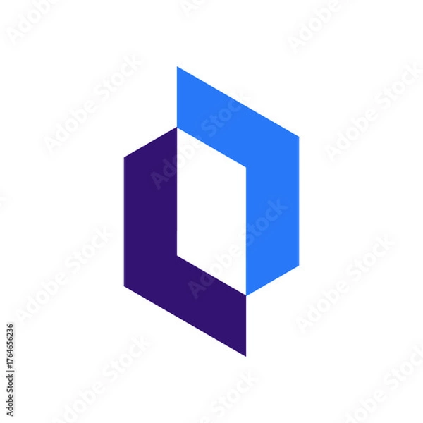 Fototapeta Isometric letter D monogram in purple and blue forming geometric 3D building structure symbolizing architecture and technology.