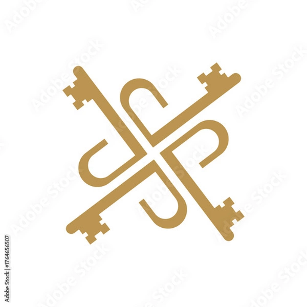 Fototapeta Gold symmetrical key logo forming cross pattern symbolizing luxury, security, and real estate brand identity.