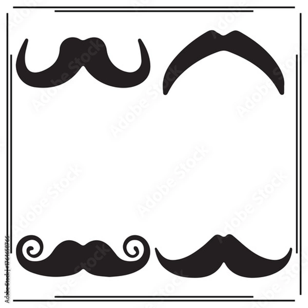 Fototapeta Set of Four Black Mustache Silhouettes - Curly, Classic, and Handlebar Mustaches - Stylish Facial Hair Icons on White Background