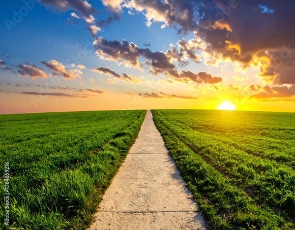 Obraz A concrete path leads through vibrant green fields towards a glowing sunset