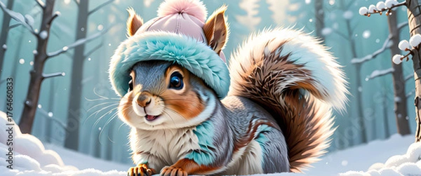 Fototapeta Cute squirrel wearing winter hat in snowy landscape. Small squirrel character in winter scene illustration. Adorable winter squirrel with hat in snow.