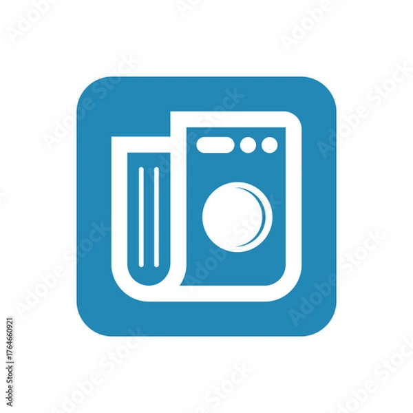 Fototapeta Laundry and washing machine icon in blue square symbolizing cleaning service and home appliance industry.