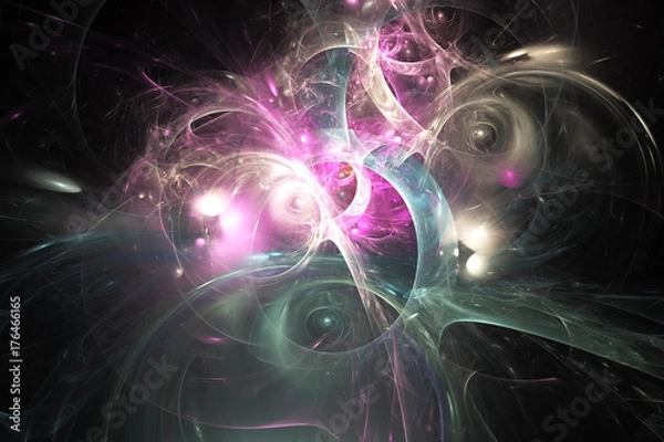 Fototapeta Abstract glowing green, pink and beige shapes on black background. Fantasy colorful chaotic fractal texture. 3D rendering.