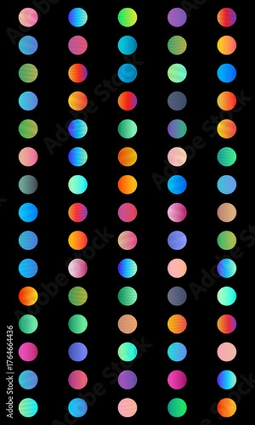 Fototapeta Vertical arrangement of colorful gradient circles on a black background.