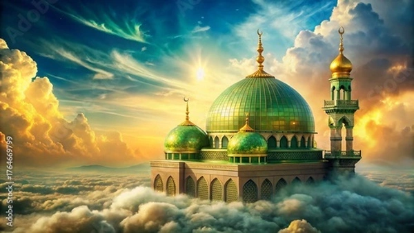 Obraz Inspiring Exploration: Double Exposure of Green Dome Mosque, Gold, and Sky