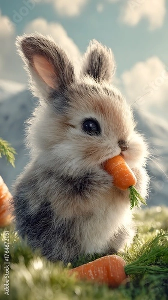 Obraz Adorable fluffy bunny enjoying a nutritious carrot in a vibrant green meadow under a clear sky, perfect for animal lovers