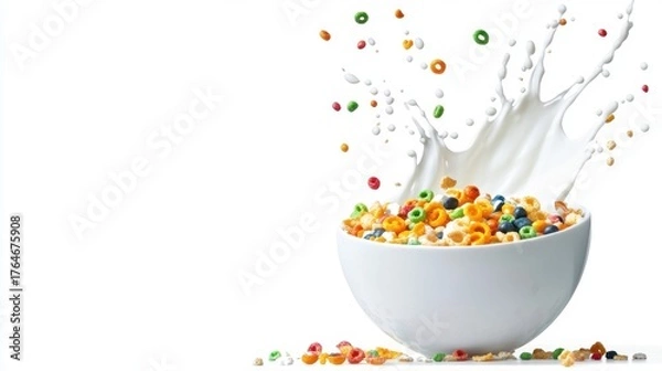 Obraz Cereal bowl with rainbow-colored loops and milk droplets in motion, high-speed flash lighting, clean white background.