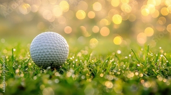 Obraz Close-up of golf ball on tee before hit, soft morning light, dewy grass background.