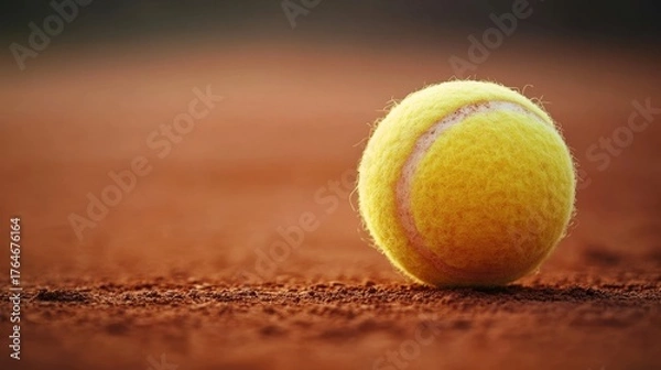 Obraz Close-up of tennis ball on clay court after bounce, soft daylight, detailed texture background.