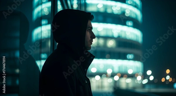 Obraz Nighttime Reflections: A Solitary Figure Contemplates Urban Life Amidst the Citys Glow Searching Inner Peace Finding Hope in the Darkness Facing the Future Challenges Ahead