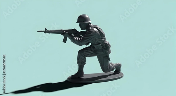 Obraz Toy Soldier Man of War Modern Military Conflict and Battlefront Fighting Action with Armed Assault Rifle and Helmet Ready for Defense and Protection as Army Combatant