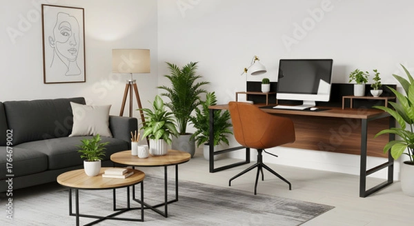 Obraz Modern Workspace Elegance A Harmonious Blend of Comfort Productivity and Serenity A Sanctuary of Greenery and Light for the Modern Professional A Vision of Home Office Bliss