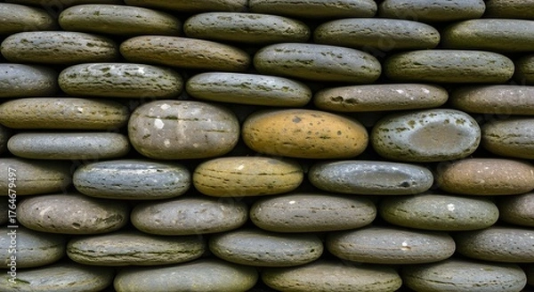 Fototapeta A textured wall made of rounded river stones and pebbles