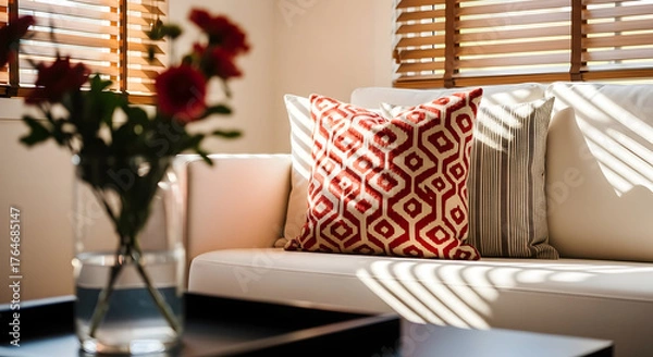 Obraz Sunlit Serenity A Modern Home Oasis with Cozy Textiles and Natural Light for Relaxation and Refinement A Stylish Interior Design for Peaceful Living Spaces