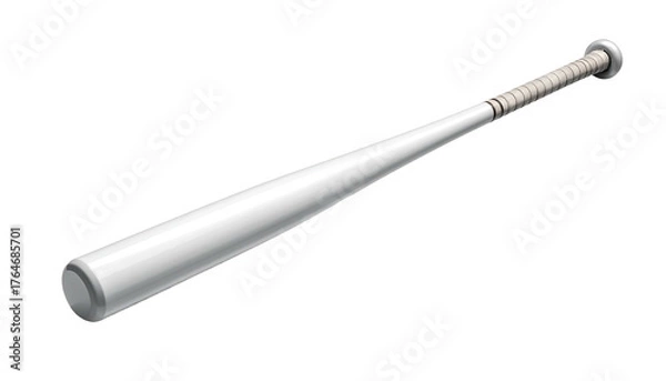 Fototapeta A glossy, white baseball bat with a grey grip, viewed against a stark black background