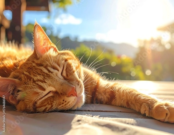 Obraz A content cat basking in sunlight on a wooden deck. Bokeh background with mountains