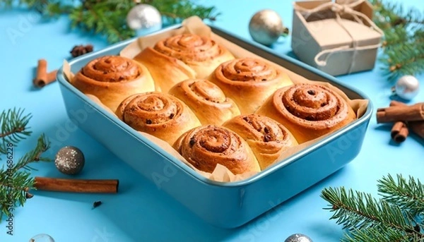Obraz Festive cinnamon rolls in a baking dish
