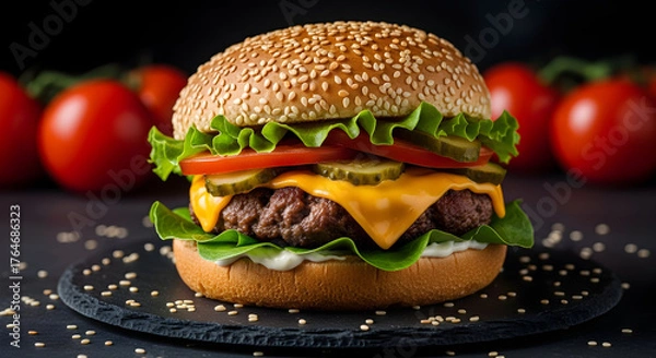 Obraz Artisanal Burger Delights Restaurant Patrons with Succulent Flavors Gourmet Indulgence Perfect for Food Blogs and Mouthwatering Menus Delicious Culinary Temptation