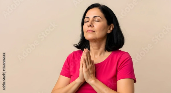 Obraz Middle Aged Woman Practicing Mindfulness and Meditation Showing Calm Peaceful Emotion Seeking Spiritual Guidance Health and Wellness Mental Balance Hope and Prayer on Beige Background
