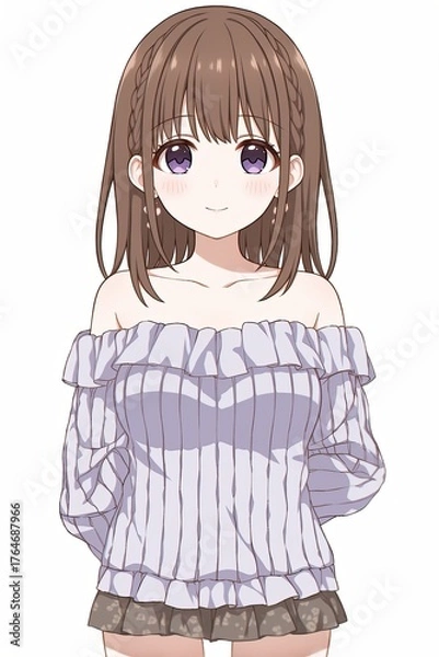 Fototapeta A Japanese style girl with short dark hair is illustrated with clean lines and a serene expression, reflecting minimalist beauty.