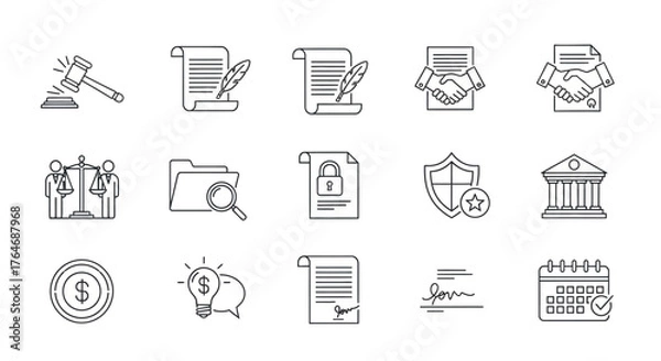 Fototapeta Collection of Line Art Legal and Business Icons Representing Various Concepts.