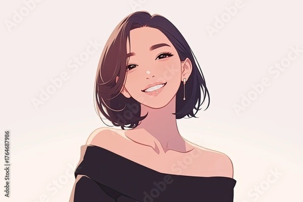 Fototapeta A Japanese style girl with short dark hair is illustrated with clean lines and a serene expression, reflecting minimalist beauty.