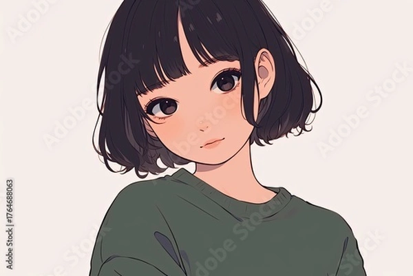Fototapeta A Japanese style girl with short dark hair is illustrated with clean lines and a serene expression, reflecting minimalist beauty.