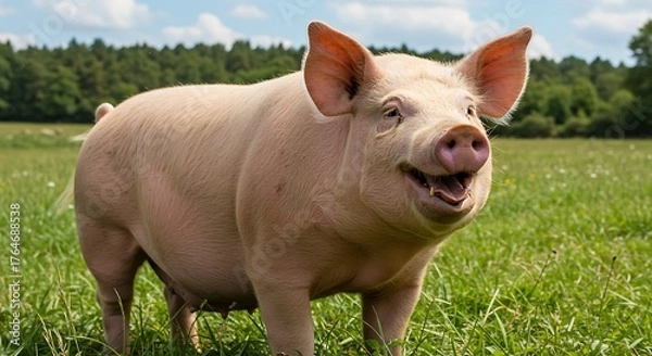 Obraz A content pig in a vibrant green field, smiling for the camera. A cheerful farm animal