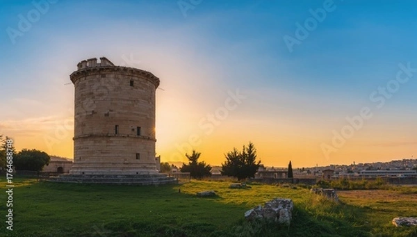 Fototapeta Ancient marble structure surrounded by lush grass under a vibrant summer sky