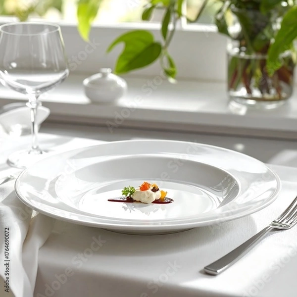 Obraz Elegant table setting with a plate of artful food near a window with a wine glass and greenery