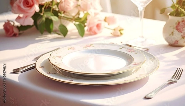 Obraz Elegant table setting with floral decor and delicate china under soft, warm light
