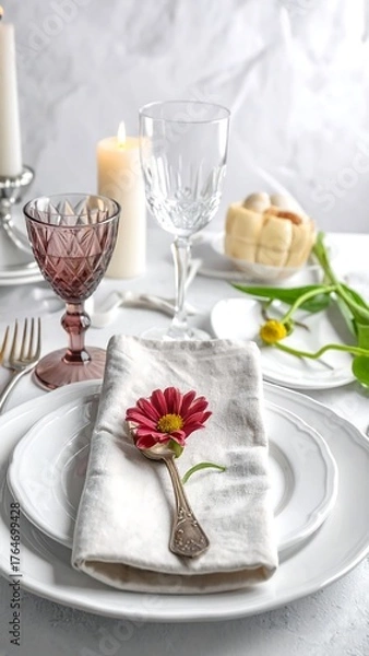 Obraz Elegant tablescape, featuring plates, glassware, candles, flower, and a wrapped dessert