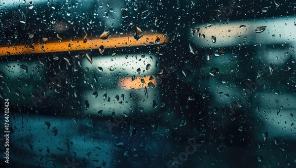 Fototapeta Raindrops on a bus window, view of the street through the wet glass